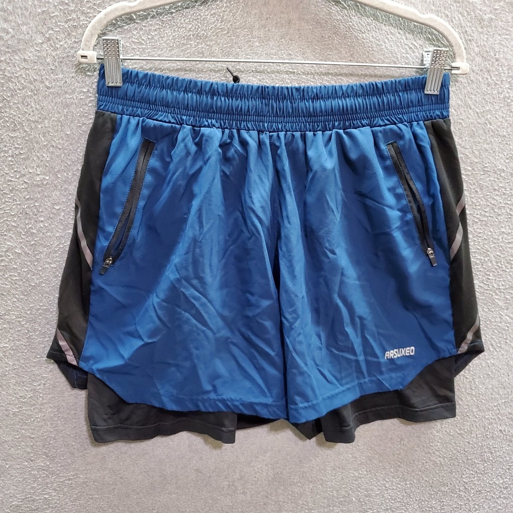 Arsuxeo Women Activewear Shorts Large Blue Lined Zipped‎ Pockets 3" Inseam